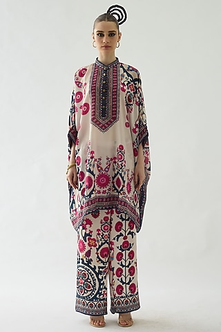 Raspberry Modal Satin Printed Pants by Rajdeep Ranawat