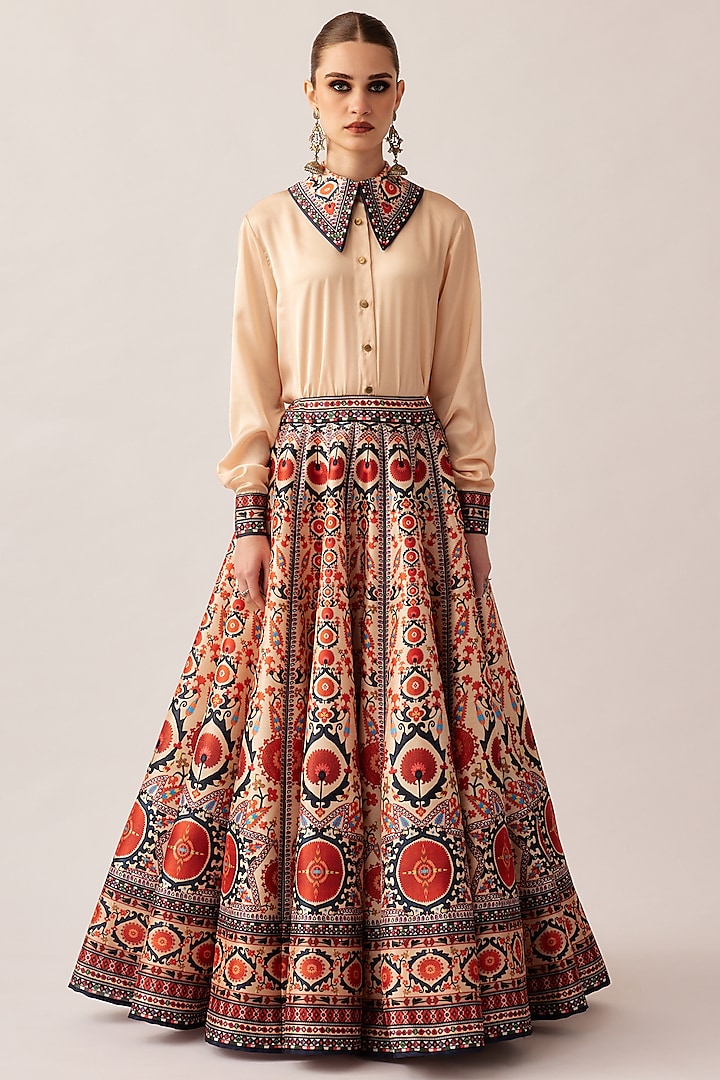 Rust Dupion Printed Skirt Set by Rajdeep Ranawat