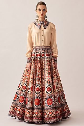 Rust Dupion Printed Skirt Set by Rajdeep Ranawat