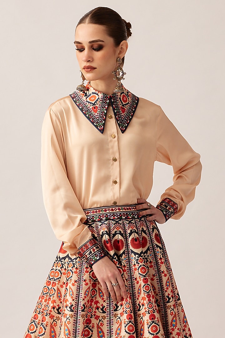 Rust Dupion Printed Skirt Set by Rajdeep Ranawat at Pernia's Pop Up Shop