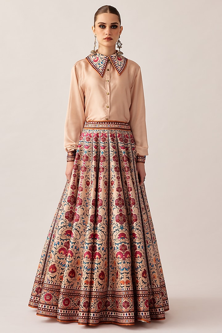 Taupe Dupion Printed Skirt Set by Rajdeep Ranawat