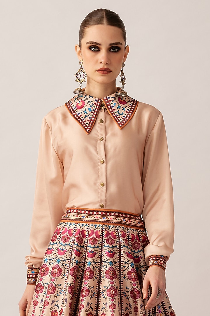 Taupe Dupion Printed Skirt Set by Rajdeep Ranawat at Pernia's Pop Up Shop