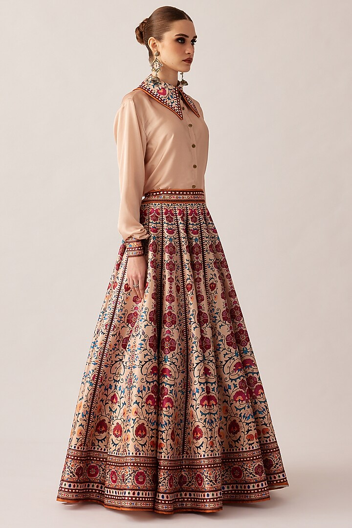 Taupe Dupion Printed Skirt Set by Rajdeep Ranawat at Pernia's Pop Up Shop