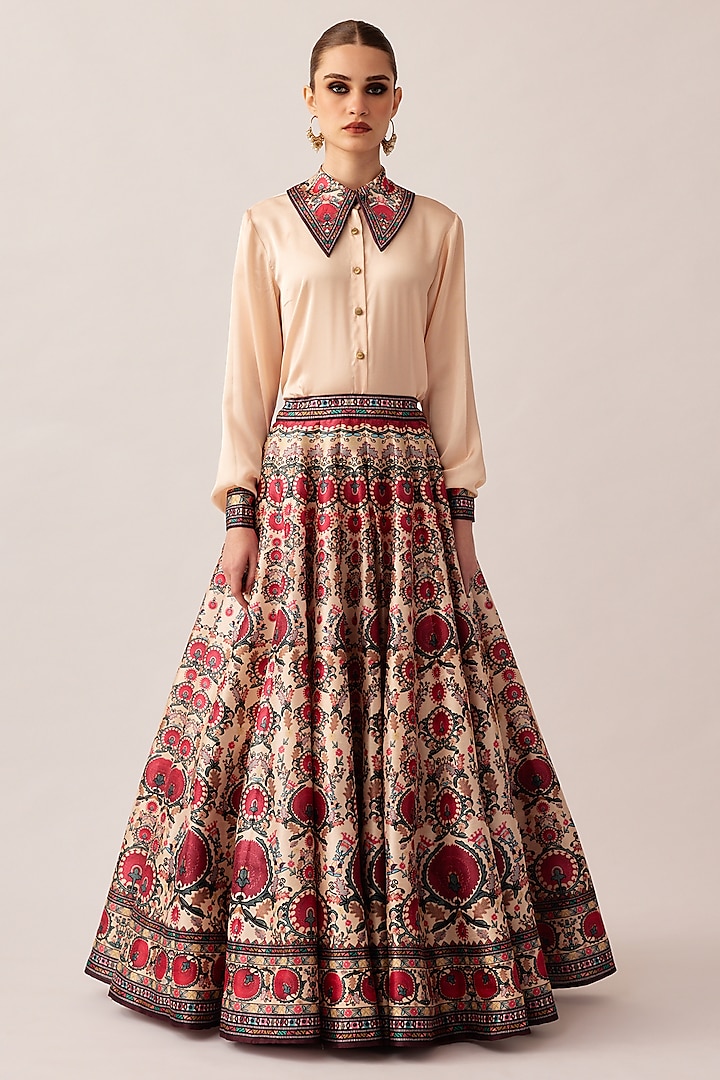 Maroon Dupion Printed Skirt Set by Rajdeep Ranawat