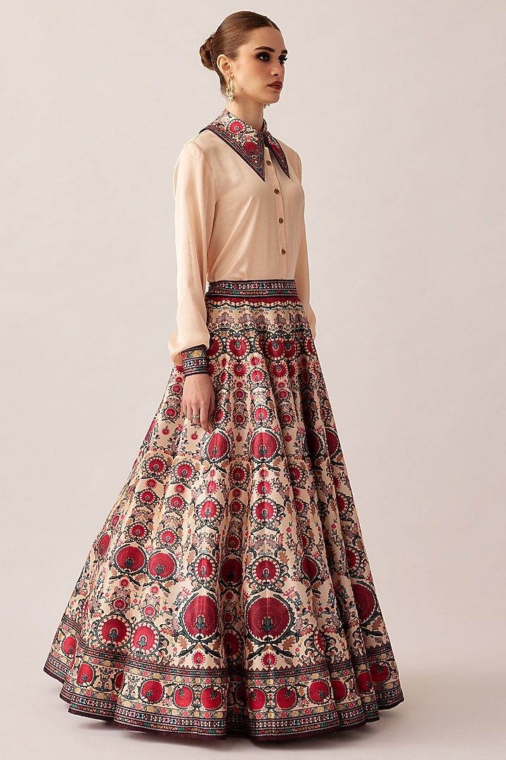Maroon Dupion Printed Skirt Set by Rajdeep Ranawat at Pernia's Pop Up Shop