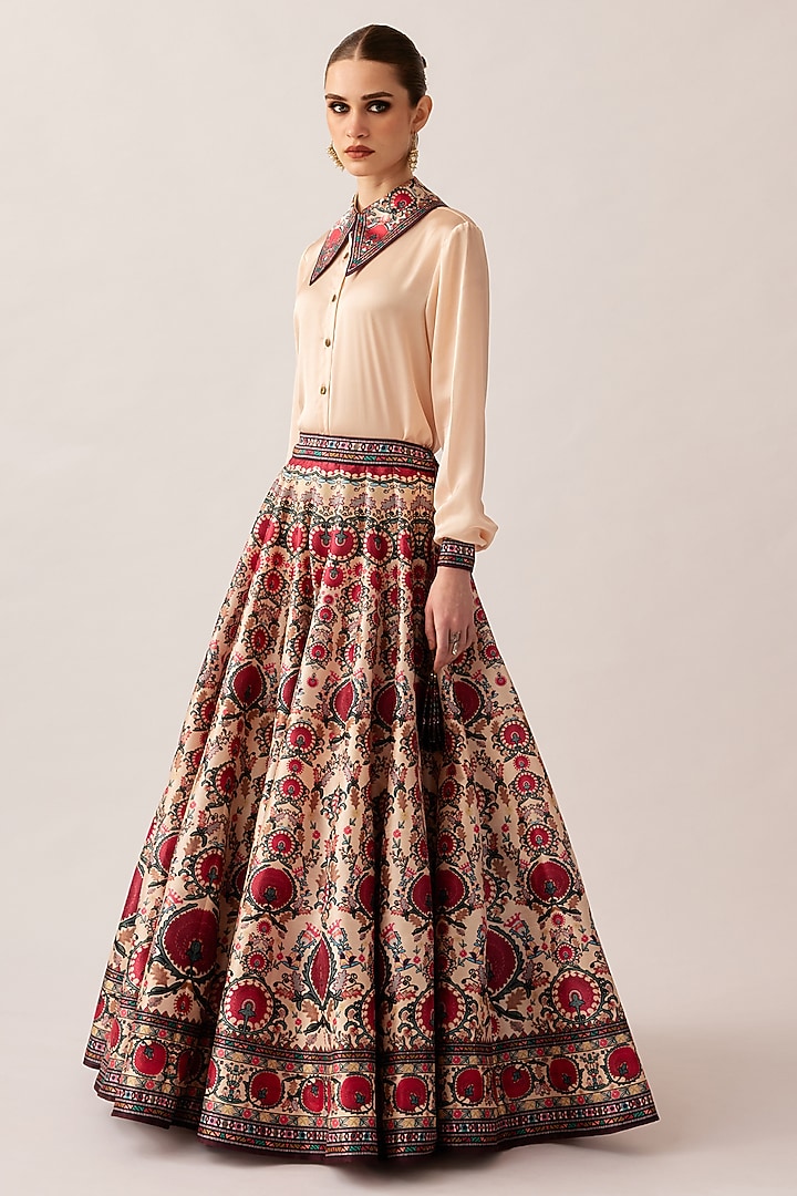 Maroon Dupion Printed Skirt Set by Rajdeep Ranawat at Pernia's Pop Up Shop