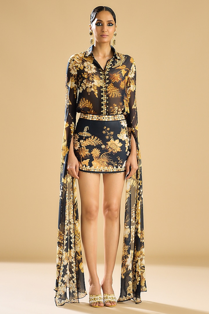 Black & Gold Poly lycra Printed Skirt Set by Rajdeep Ranawat at Pernia's Pop Up Shop