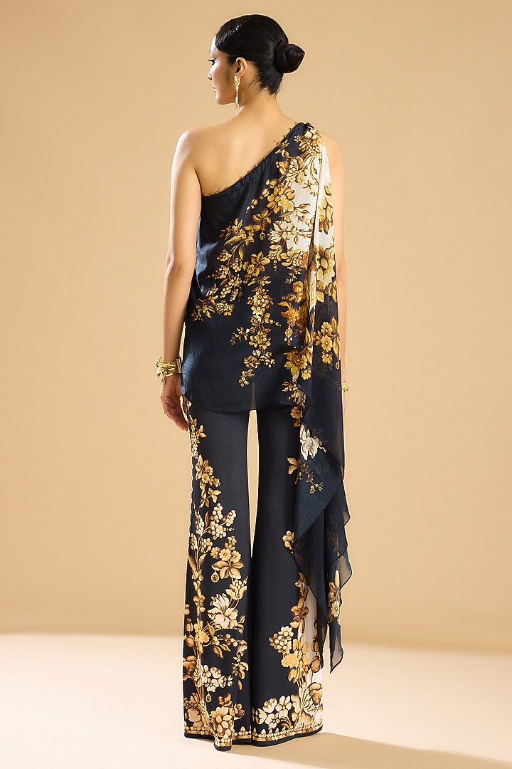 Black & Gold Silk Printed One-Shoulder Tunic Set by Rajdeep Ranawat at Pernia's Pop Up Shop