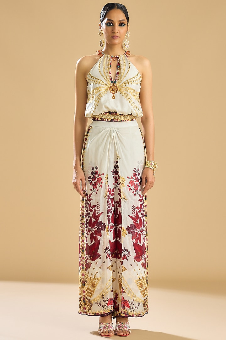 Ivory & Gold Silk Printed Layered Pant Set by Rajdeep Ranawat