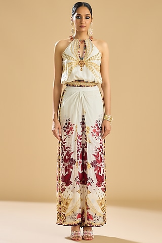 Ivory & Gold Silk Printed Layered Pant Set by Rajdeep Ranawat