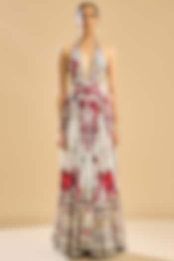 Ivory & Red Silk Printed Frilled Dress by Rajdeep Ranawat at Pernia's Pop Up Shop