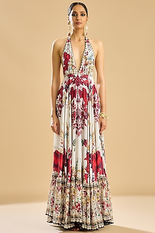 Ivory & Red Silk Printed Frilled Dress by Rajdeep Ranawat