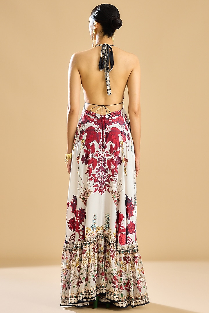 Ivory & Red Silk Printed Frilled Cocktail Dress by Rajdeep Ranawat at Pernia's Pop Up Shop
