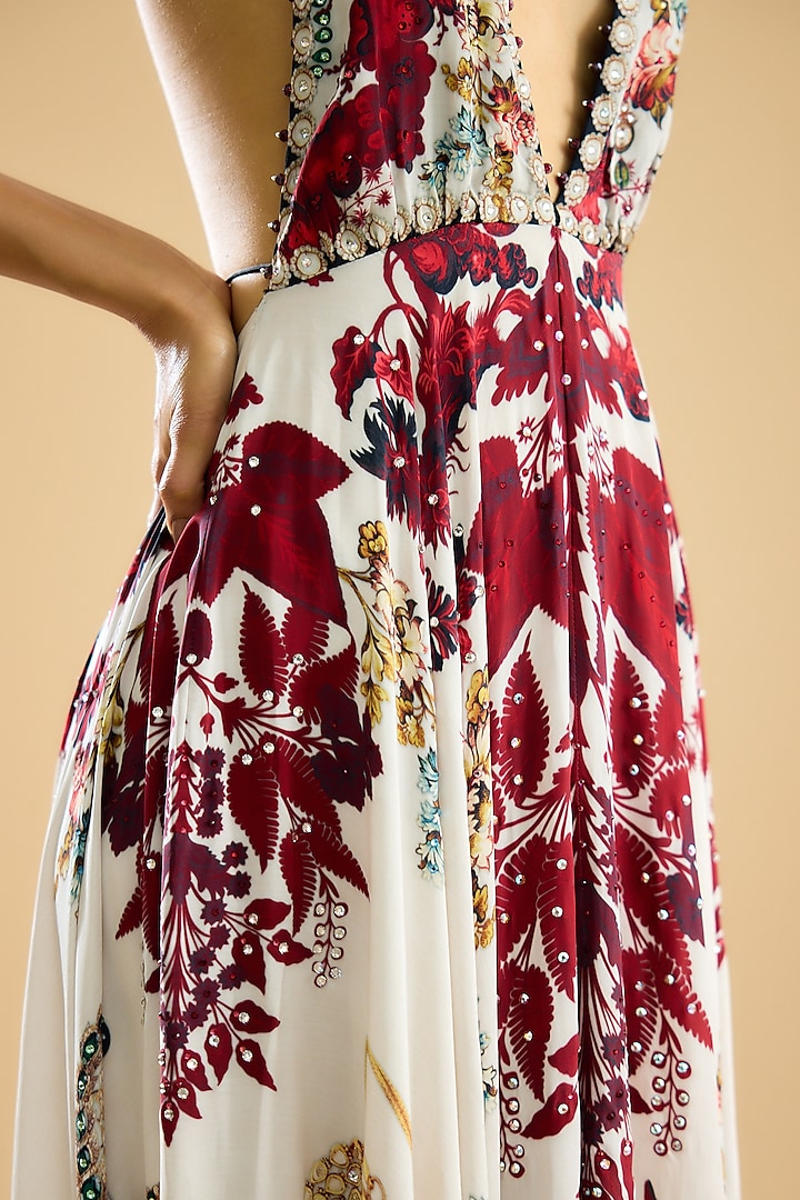 Ivory & Red Silk Printed Frilled Cocktail Dress by Rajdeep Ranawat at Pernia's Pop Up Shop
