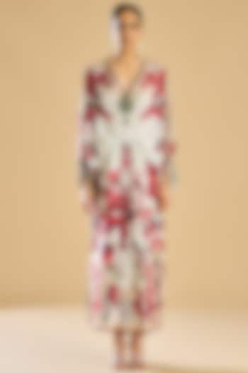 Ivory & Red Silk Printed Kaftan by Rajdeep Ranawat