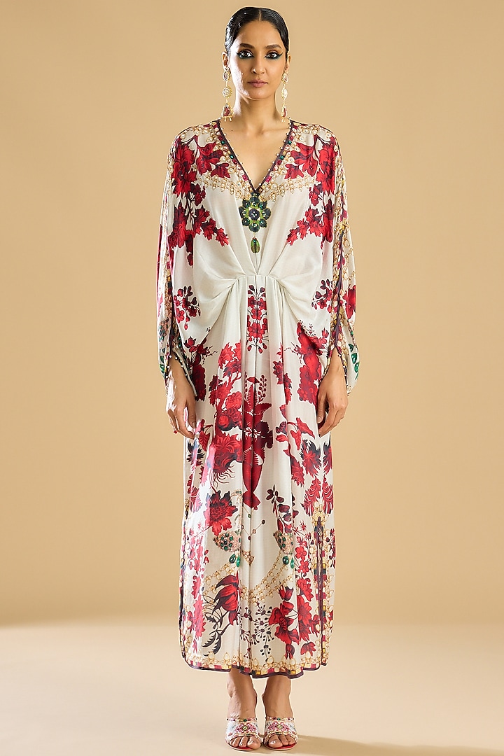 Ivory & Red Silk Printed Kaftan by Rajdeep Ranawat