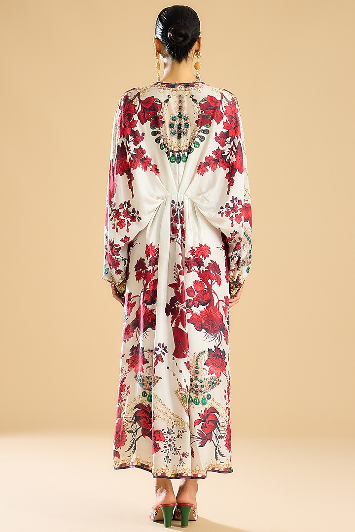 Ivory & Red Silk Printed Kaftan by Rajdeep Ranawat at Pernia's Pop Up Shop