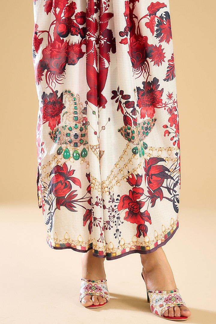 Ivory & Red Silk Printed Kaftan by Rajdeep Ranawat at Pernia's Pop Up Shop