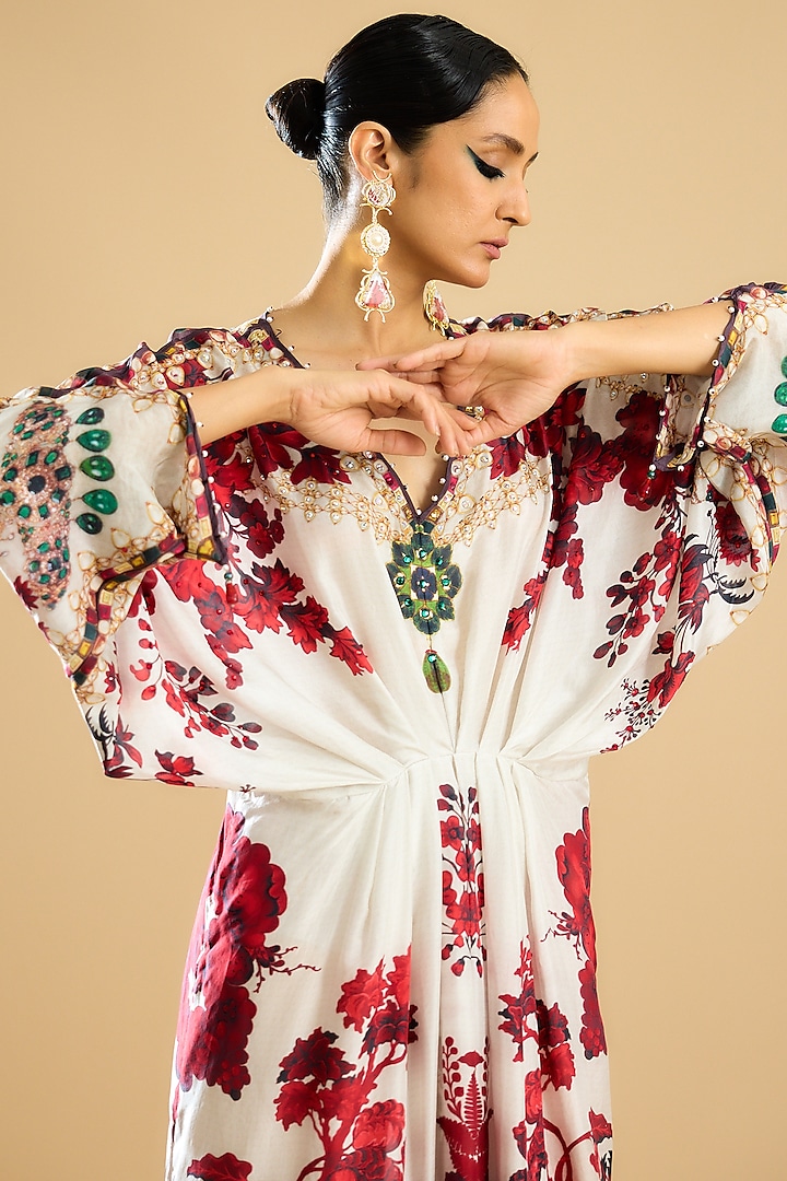 Ivory & Red Silk Printed Kaftan by Rajdeep Ranawat at Pernia's Pop Up Shop
