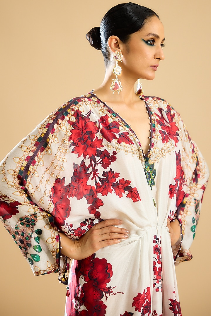 Ivory & Red Silk Printed Kaftan by Rajdeep Ranawat at Pernia's Pop Up Shop
