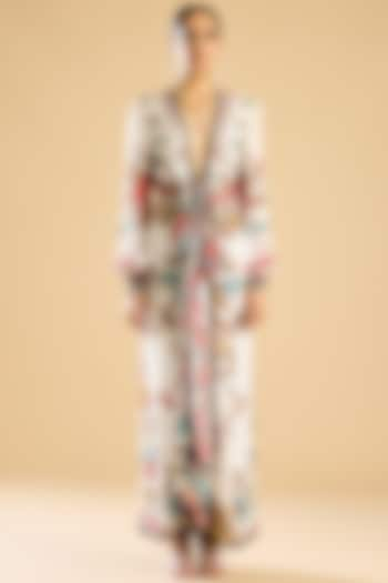 Ivory & Red Silk Printed Wrap Dress by Rajdeep Ranawat at Pernia's Pop Up Shop