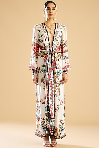 Ivory & Red Silk Printed Wrap Dress by Rajdeep Ranawat