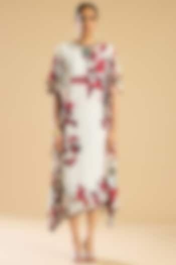 Ivory & Red Silk Printed Frilled Dress by Rajdeep Ranawat at Pernia's Pop Up Shop