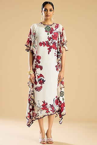 Ivory & Red Silk Printed Frilled Dress by Rajdeep Ranawat