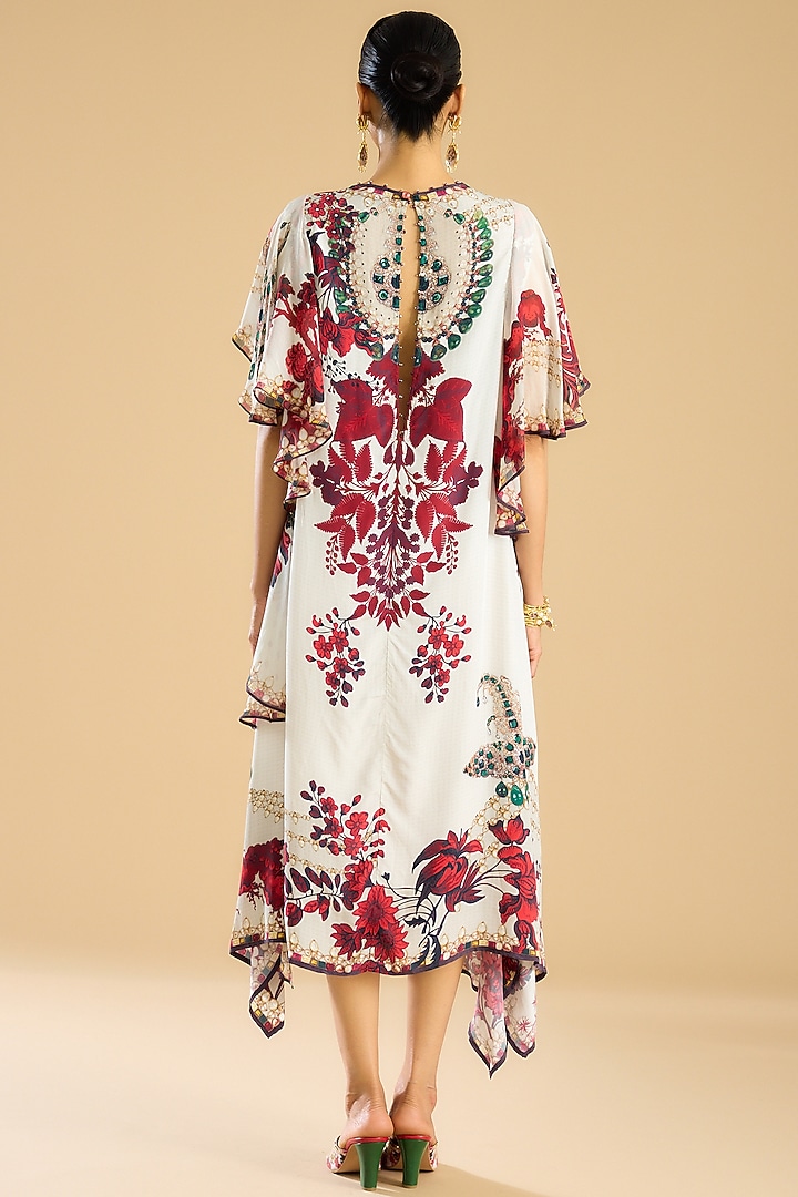 Ivory & Red Silk Printed Frilled Vacation Dress by Rajdeep Ranawat at Pernia's Pop Up Shop