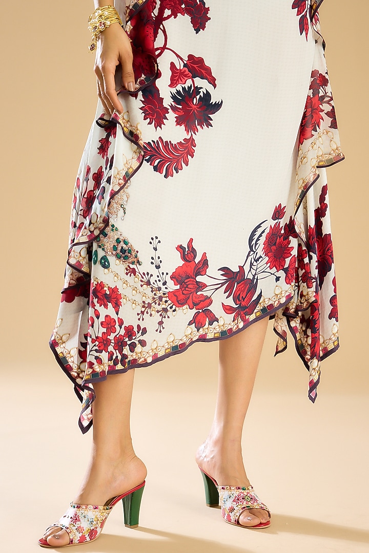 Ivory & Red Silk Printed Frilled Vacation Dress by Rajdeep Ranawat at Pernia's Pop Up Shop