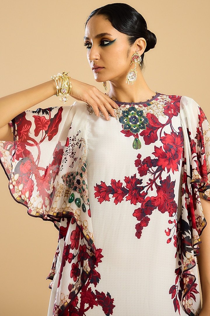 Ivory & Red Silk Printed Frilled Vacation Dress by Rajdeep Ranawat at Pernia's Pop Up Shop