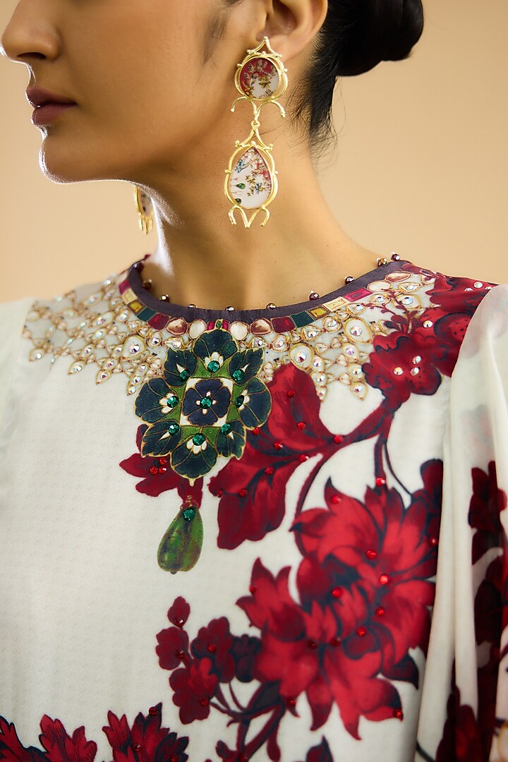 Ivory & Red Silk Printed Frilled Vacation Dress by Rajdeep Ranawat at Pernia's Pop Up Shop