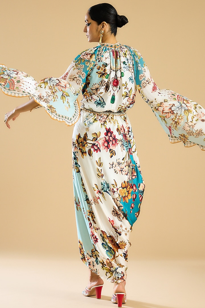Ivory & Aqua Modal Satin Printed Draped Skirt Set by Rajdeep Ranawat at Pernia's Pop Up Shop
