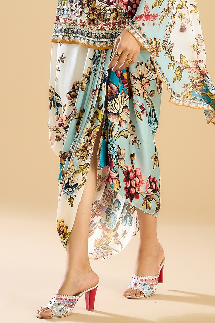 Ivory & Aqua Modal Satin Printed Draped Skirt Set by Rajdeep Ranawat at Pernia's Pop Up Shop
