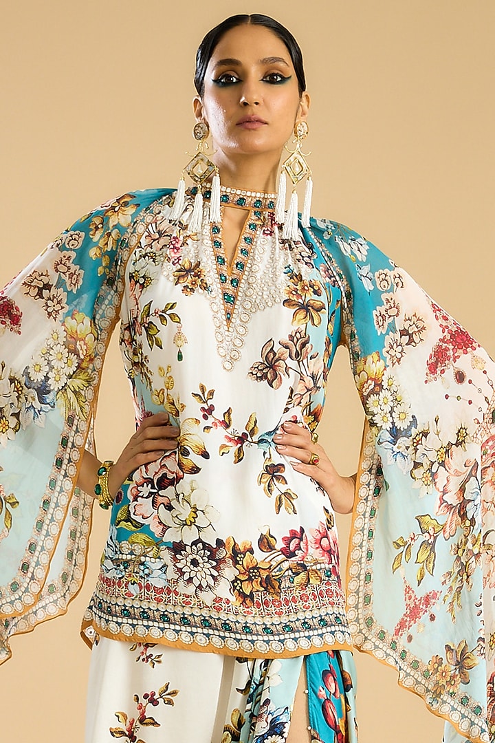 Ivory & Aqua Modal Satin Printed Draped Skirt Set by Rajdeep Ranawat at Pernia's Pop Up Shop