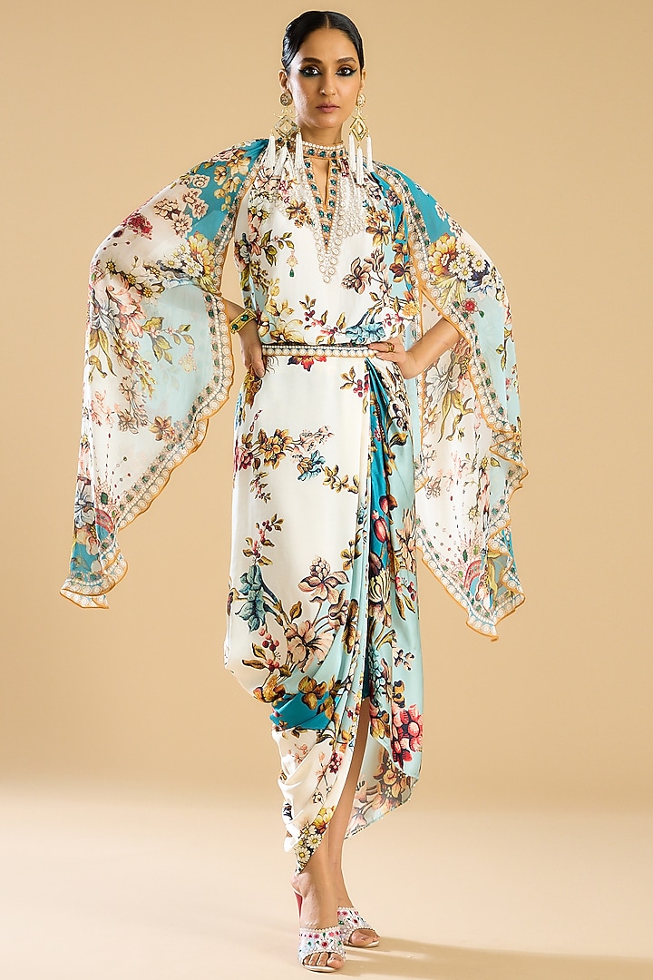Ivory & Aqua Modal Satin Printed Draped Skirt Set by Rajdeep Ranawat at Pernia's Pop Up Shop