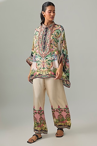 Ivory & Blush Silk Printed Tunic Set by Rajdeep Ranawat