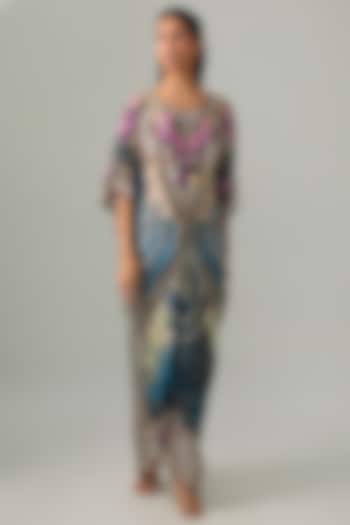 Blue Silk Crepe Printed V-Neck Kaftan by Rajdeep Ranawat at Pernia's Pop Up Shop