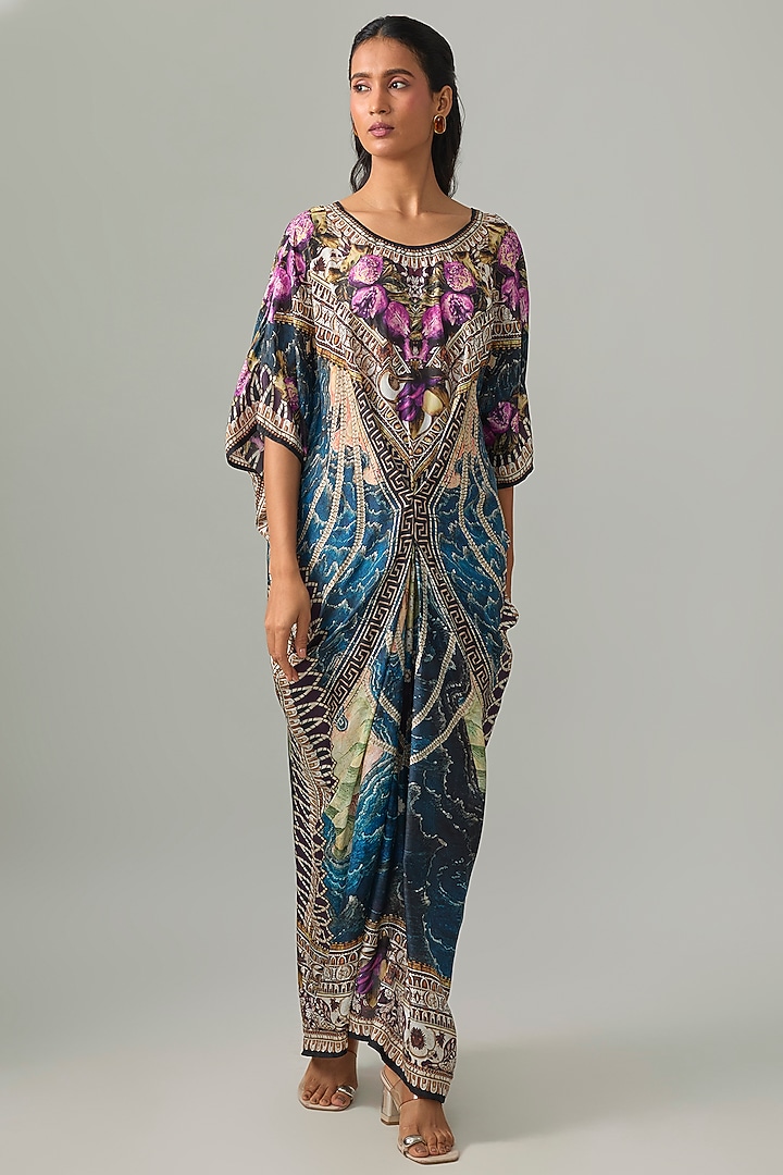 Blue Silk Crepe Printed V-Neck Kaftan by Rajdeep Ranawat at Pernia's Pop Up Shop