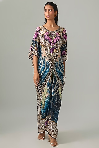 Blue Silk Crepe Printed V-Neck Kaftan by Rajdeep Ranawat