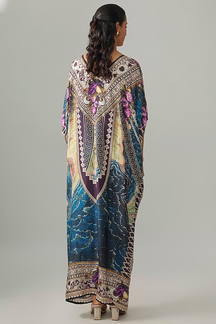 Blue Silk Crepe Printed V-Neck Kaftan by Rajdeep Ranawat at Pernia's Pop Up Shop