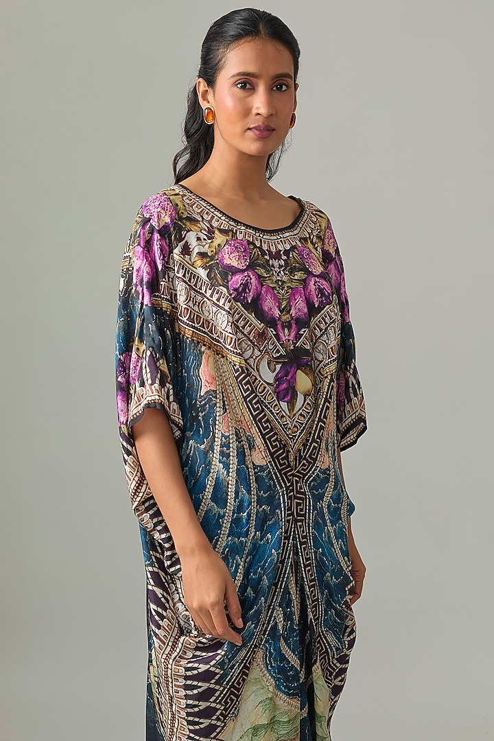 Blue Silk Crepe Printed V-Neck Kaftan by Rajdeep Ranawat at Pernia's Pop Up Shop