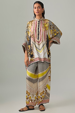 Ivory & Blush Silk Printed Tunic Set by Rajdeep Ranawat