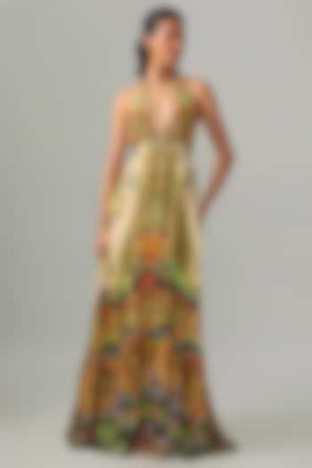 Olive Green & Orange Silk Crepe Printed Halter Cocktail Dress by Rajdeep Ranawat at Pernia's Pop Up Shop