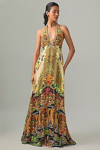 Olive Green & Orange Silk Crepe Printed Halter Dress by Rajdeep Ranawat