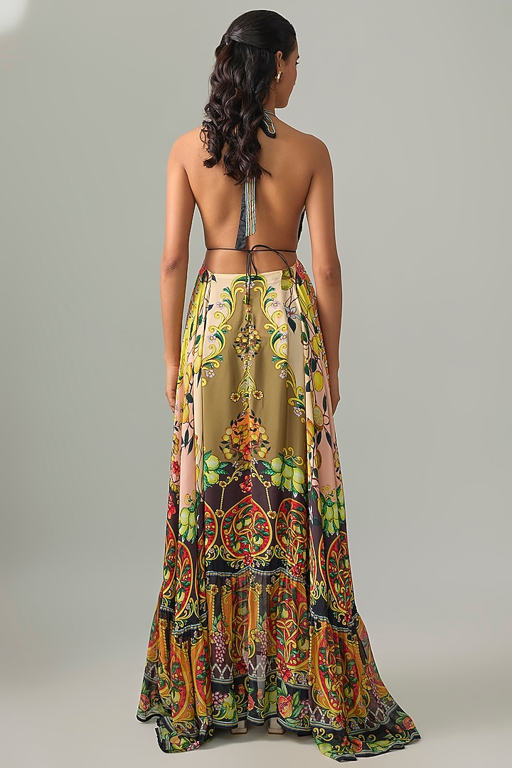 Olive Green & Orange Silk Crepe Printed Halter Cocktail Dress by Rajdeep Ranawat at Pernia's Pop Up Shop