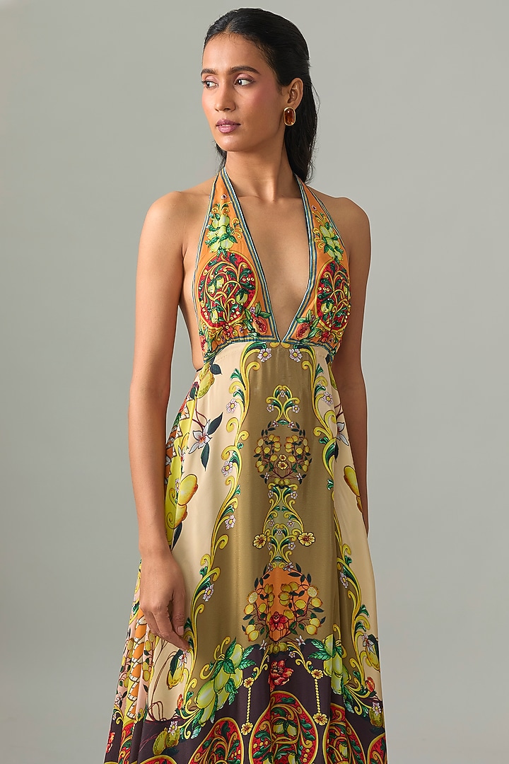 Olive Green & Orange Silk Crepe Printed Halter Cocktail Dress by Rajdeep Ranawat at Pernia's Pop Up Shop