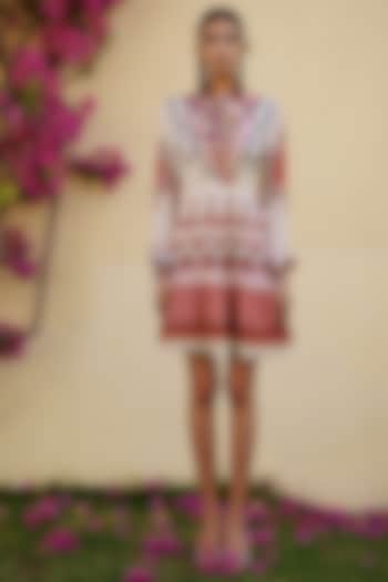 Ivory & Blush Pink Printed Tiered Wrap Dress by Rajdeep Ranawat