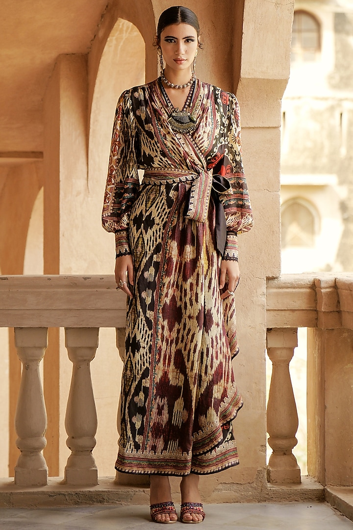 Beige Printed Wrap Dress by Rajdeep Ranawat