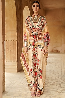 Mustard Printed & Embroidered Kaftan by Rajdeep Ranawat-KAFTANS